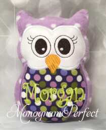 Morgan - Already Personalized Purple Polka Dot Mini Owl Baby Rattle - Ready To Ship - thumbnail 1