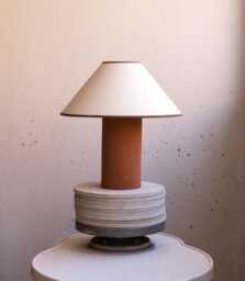 Handmade Ceramic Table Lamp, A Lighting & Decorative Object. Terracotta Base Shade With Brown Trim - thumbnail 1