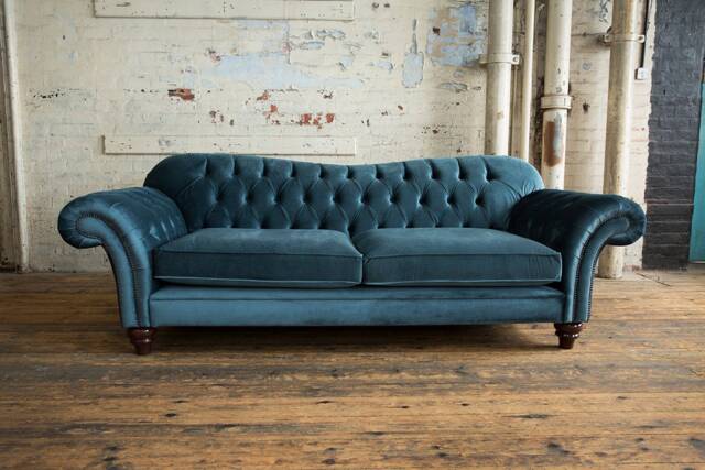 Large British Handmade 3 Seater Duck Egg Blue Velvet Fabric Chesterfield Sofa - image 1