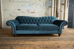 Large British Handmade 3 Seater Duck Egg Blue Velvet Fabric Chesterfield Sofa