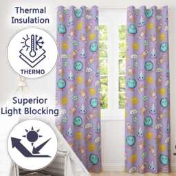 Cute Kawaii Space Rockets Planets Globes Suns Stars Purple Seamless Pattern Readymade Eyelet Ring Top Thermal 100% Blackout Curtains - thumbnail 3