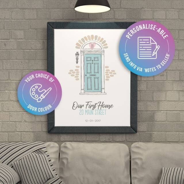 Cute Personalised Print - Homemade Wall Art Our First Home Door Illustration Custom Names & Date Choose Your Colour - image 1