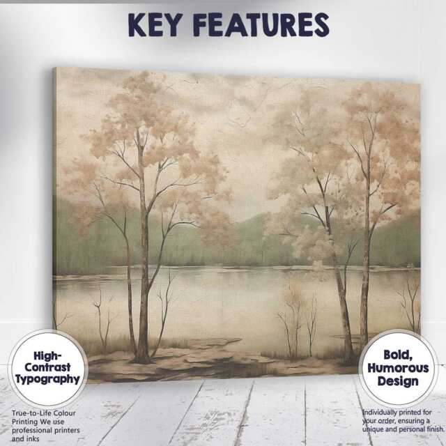 Serene Lakeside Trees Reflection Soft Beige Nature Landscape Canvas Wall Art Print Decor Picture Ready To Hang - image 1