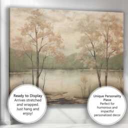 Serene Lakeside Trees Reflection Soft Beige Nature Landscape Canvas Wall Art Print Decor Picture Ready To Hang - thumbnail 3