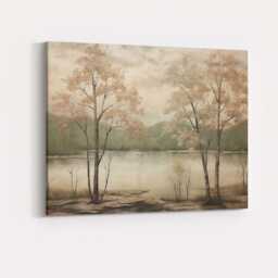 Serene Lakeside Trees Reflection Soft Beige Nature Landscape Canvas Wall Art Print Decor Picture Ready To Hang - thumbnail 4
