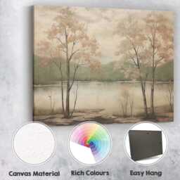 Serene Lakeside Trees Reflection Soft Beige Nature Landscape Canvas Wall Art Print Decor Picture Ready To Hang - thumbnail 2