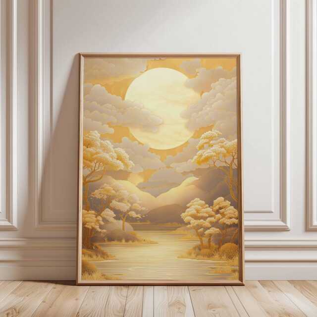 Golden Landscape Wall Art, Tranquil Moonlit River Poster, Japanese Minimalist Nature Print For Elegant Home Decor - image 1