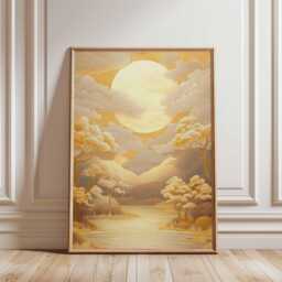 Golden Landscape Wall Art, Tranquil Moonlit River Poster, Japanese Minimalist Nature Print For Elegant Home Decor - thumbnail 1