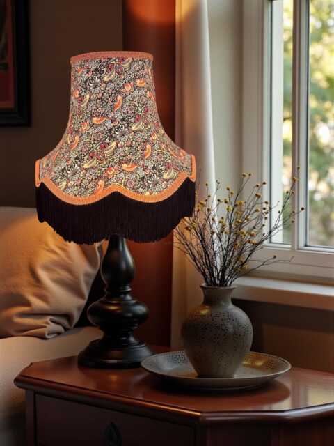 Handcrafted William Morris Strawberry Thief Fabric Lampshades Burnt Orange Braid, Black Fringe, UK Handmade - image 1