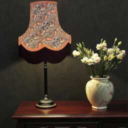 Handcrafted William Morris Strawberry Thief Fabric Lampshades Burnt Orange Braid, Black Fringe, UK Handmade - thumbnail 2