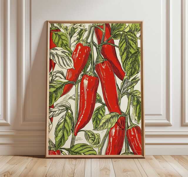 Chili Pepper Kitchen Poster, Modern Botanical Print, Graphic Food Wall Art, Red & Orange Vegetable Illustration, Retro Decor - image 1