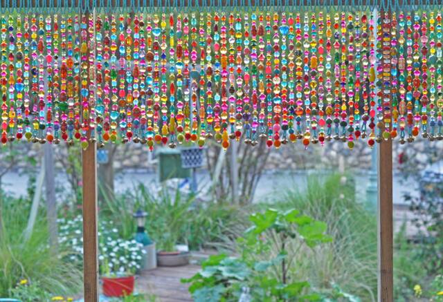Colorful Beaded Window Valance Boho Sun Catcher With Brass Bells - image 1