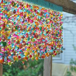 Colorful Beaded Window Valance Boho Sun Catcher With Brass Bells - thumbnail 2