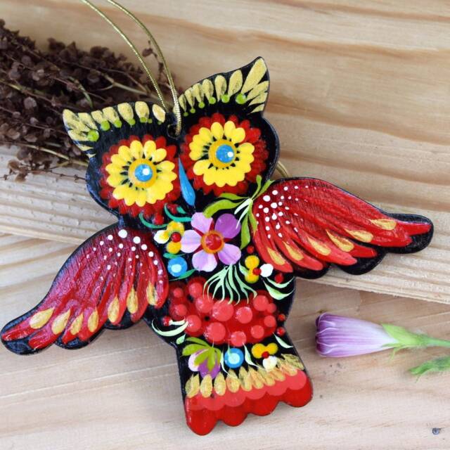 Christmas Ornaments Owl - Hand Painted Hanging Ornament Owl, Wooden Christmas Decorations Animals, Handcrafted Artisan Ukrainian - image 1