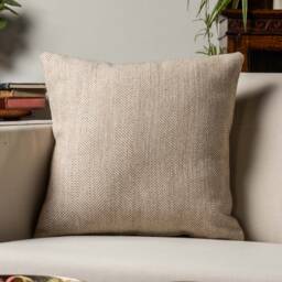 Faux Wool Linen Blend Herringbone Cushion in Latte Brown. Traditional Linen-Mix Effect Fabric. 17x17