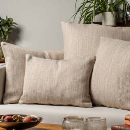 Faux Wool Linen Blend Herringbone Cushion in Latte Brown. Traditional Linen-Mix Effect Fabric. 17x17 - thumbnail 3
