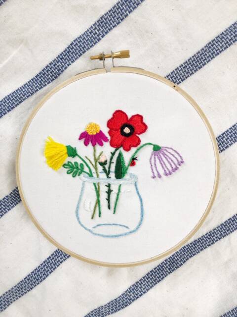 Hand-stitched Flower Embroidery Hoop Glass Vase Bouquet Wall Decor - image 1