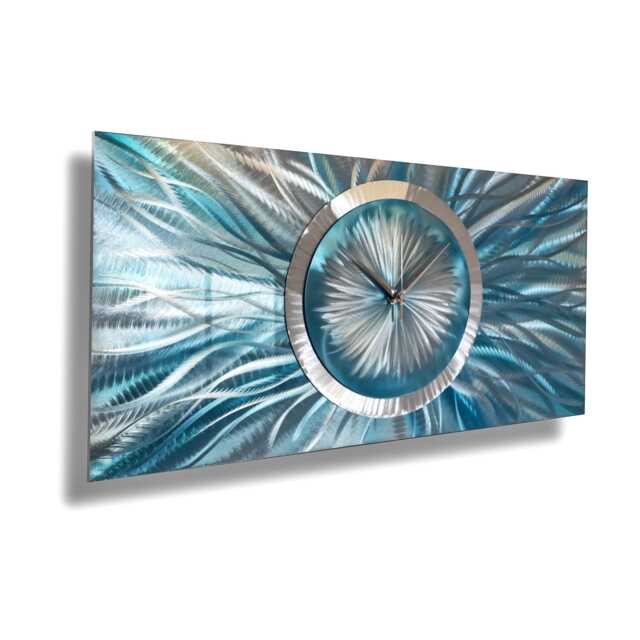 Turquoise Wall Clock Large Rectangular Metallic Art Sculpture - image 1