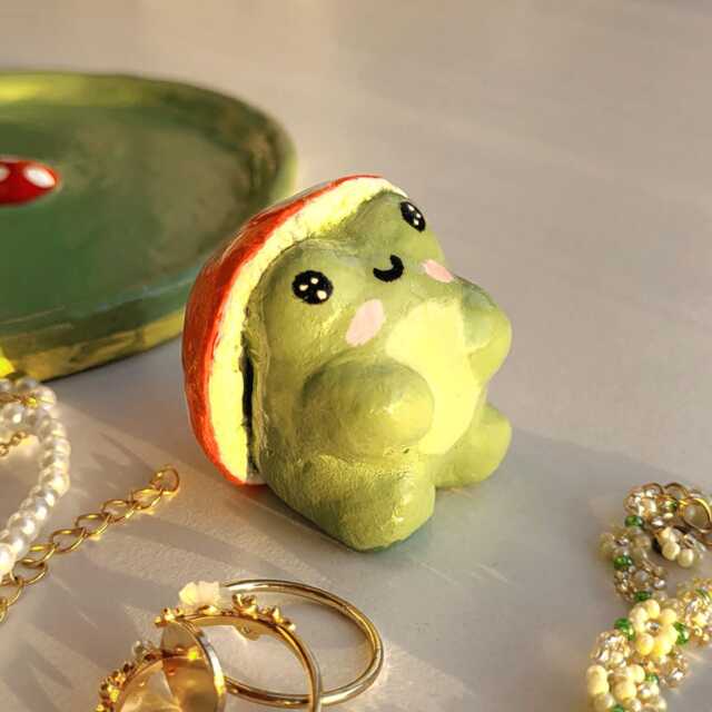 Handmade Clay Frog Figurine Mushroom Ceramic Sculpture - image 1