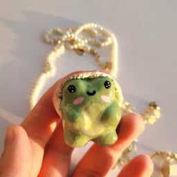 Handmade Clay Frog Figurine Mushroom Ceramic Sculpture - thumbnail 2