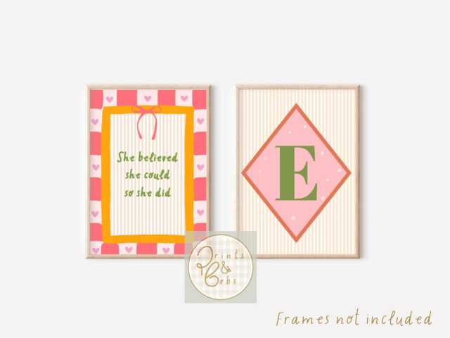 Set Of 2 Bright Positive Affirmation & Personalised Initial Prints. Girls Positivity Wall Art - Unframed - image 1
