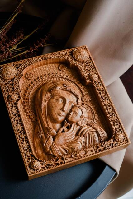 Virgin Mary & Baby Jesus Oak Wood Icon - Engraved Catholic Wall Art, Tax Free - image 1