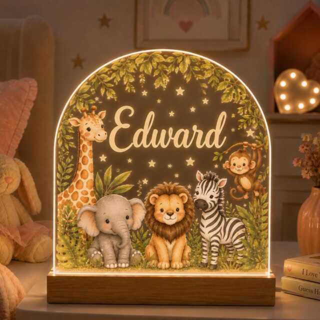 Personalised Night Light, Safari Animals, New Baby, 1st Birthday, Christening Gift, Nursery Light - image 1