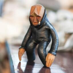 Handcarved Brass, Suar Wood, & Black Leather Art Toy - Unique Collectible By Blamo -Zuri - thumbnail 4