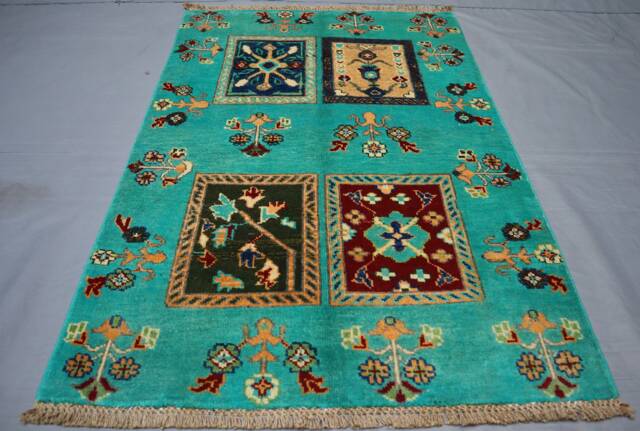 3x4 Tribal Area Rug - Turquoise Blue Afghan Hand Knotted Wool Natural Dyes Oriental Floral Design Soft Rug, Bedroom, Kitchen - image 1