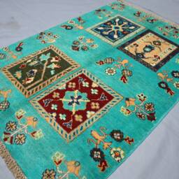 3x4 Tribal Area Rug - Turquoise Blue Afghan Hand Knotted Wool Natural Dyes Oriental Floral Design Soft Rug, Bedroom, Kitchen - thumbnail 2