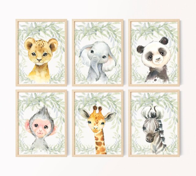 Safari Animals Nursery Prints, Jungle Decor, Baby Animal Wall Art, Lion, Elephant, Monkey, Giraffe, Panda, Zebra, Neutral Print Set