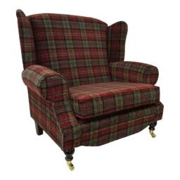 Queen Anne Wing Back Cottage Fireside Chair Extra Wide Seating Area -Lana Red Tartan