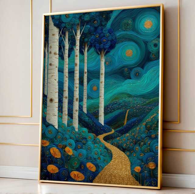 Gustav Klimt Landscape Wall Art, Abstract Poster, Painting, Japandi Trendy Forest Living Room Decor - image 1
