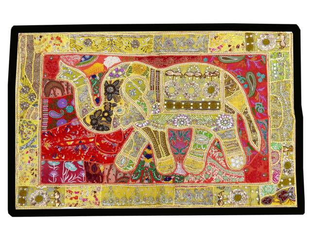 Vintage Elephant Tapestry Handmade Beaded Patchwork Wall Hanging - 40x60 Inches - image 1