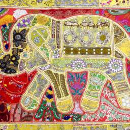 Vintage Elephant Tapestry Handmade Beaded Patchwork Wall Hanging - 40x60 Inches - thumbnail 2