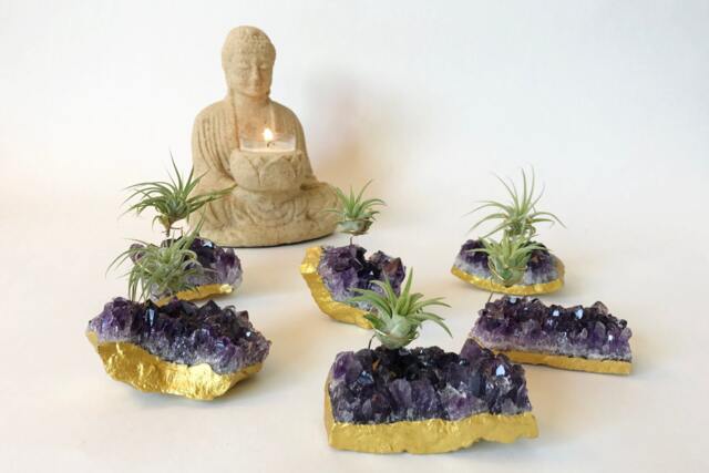 Purple Amethyst Geode Gold Dipped Air Plant Holder Boho Or Zen Home Decor - image 1