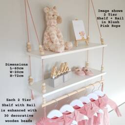 Nursery Shelves With Clothes Rail, Shelf White Shelf, Rope Swing Shelves, Hanging Baby Gift, Decor - thumbnail 3
