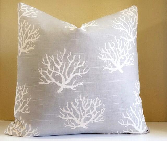 Grey Coral Pillow Cover - Customize Your Pillow Cover Nautical Home Decorations Coastal Living Solid Back Or Coral Fabric Both Sides