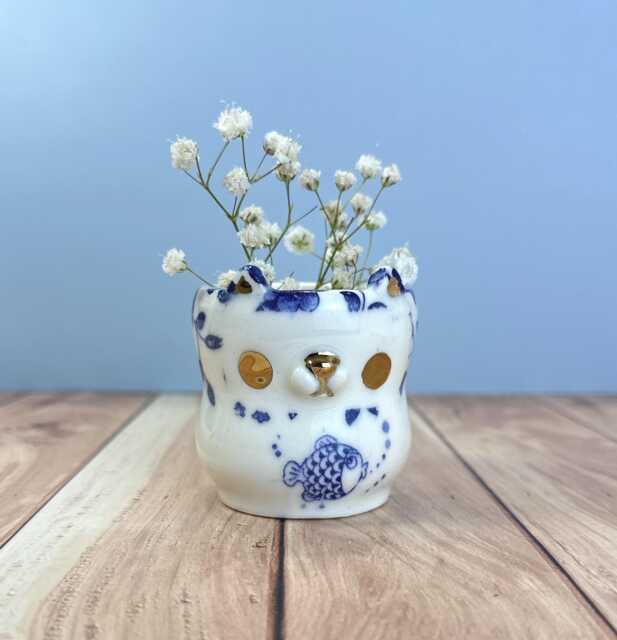 Handmade Charming Ceramic Bud Vase, White & Blue Ceramics, Cute Miniature Flower Animal Gift For Her - image 1