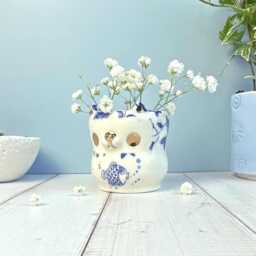 Handmade Charming Ceramic Bud Vase, White & Blue Ceramics, Cute Miniature Flower Animal Gift For Her - thumbnail 3