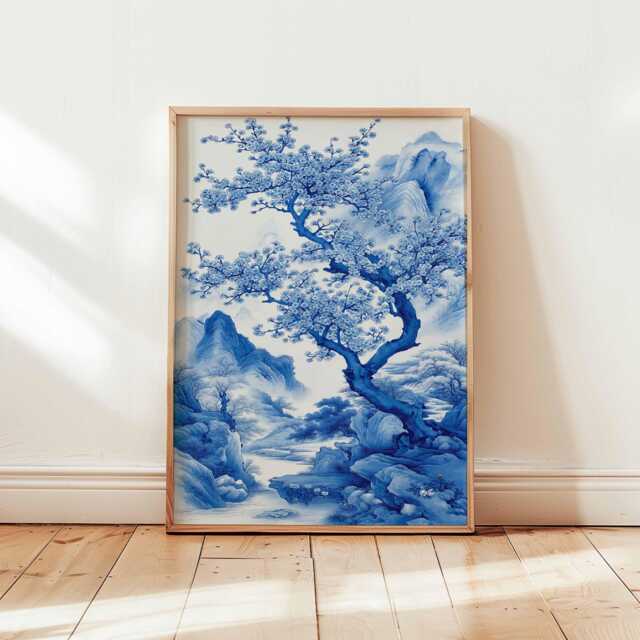 Blue Landscape Wall Art, Chinese Ink Painting Poster, Plum Blossom Tree Print, Mountain Nature Decor, Unframed Oriental Artwork - image 1