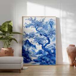 Blue Landscape Wall Art, Chinese Ink Painting Poster, Plum Blossom Tree Print, Mountain Nature Decor, Unframed Oriental Artwork - thumbnail 2