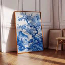 Blue Landscape Wall Art, Chinese Ink Painting Poster, Plum Blossom Tree Print, Mountain Nature Decor, Unframed Oriental Artwork - thumbnail 3