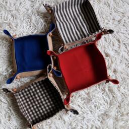Earthfriendly Pocket Tray, Catchall Pot With Cork Beads, Fabric & Burel, Full Wool Striped Brown, Handmade in Portugal, Gift For Him - thumbnail 2