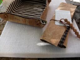 Earthfriendly Pocket Tray, Catchall Pot With Cork Beads, Fabric & Burel, Full Wool Striped Brown, Handmade in Portugal, Gift For Him