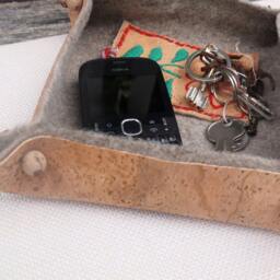 Earthfriendly Pocket Tray, Catchall Pot With Cork Beads, Fabric & Burel, Full Wool Striped Brown, Handmade in Portugal, Gift For Him - thumbnail 4