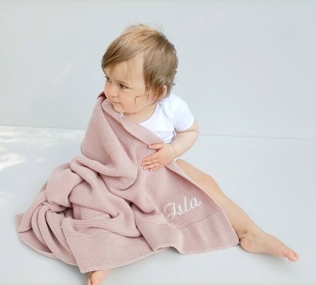 Personalized Cotton Knit Baby Blanket, Embroidered Name, Newborn Gift - image 1