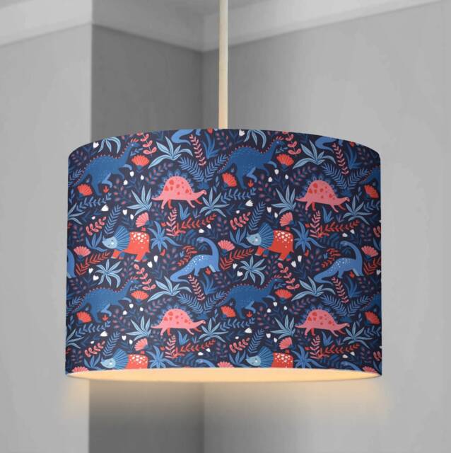 Lampshade - Nursery Ceiling Or Table Lampshade, Pink & Blue Dinosaurs, Childrens Room Lampshade Round Dinosaur - image 1