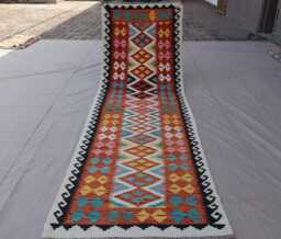 2'10x9'6 Ft Afghan Kilim Runner Rug, Geometric Natural Veg Dyes Wool Flatweave Boho Rug, Handwoven Tribal Kitchen, Hallway - thumbnail 1