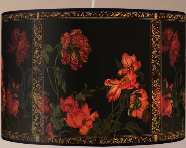 Vintage Floral Lampshade, Retro Flowers, Black & Gold Finish - image 1